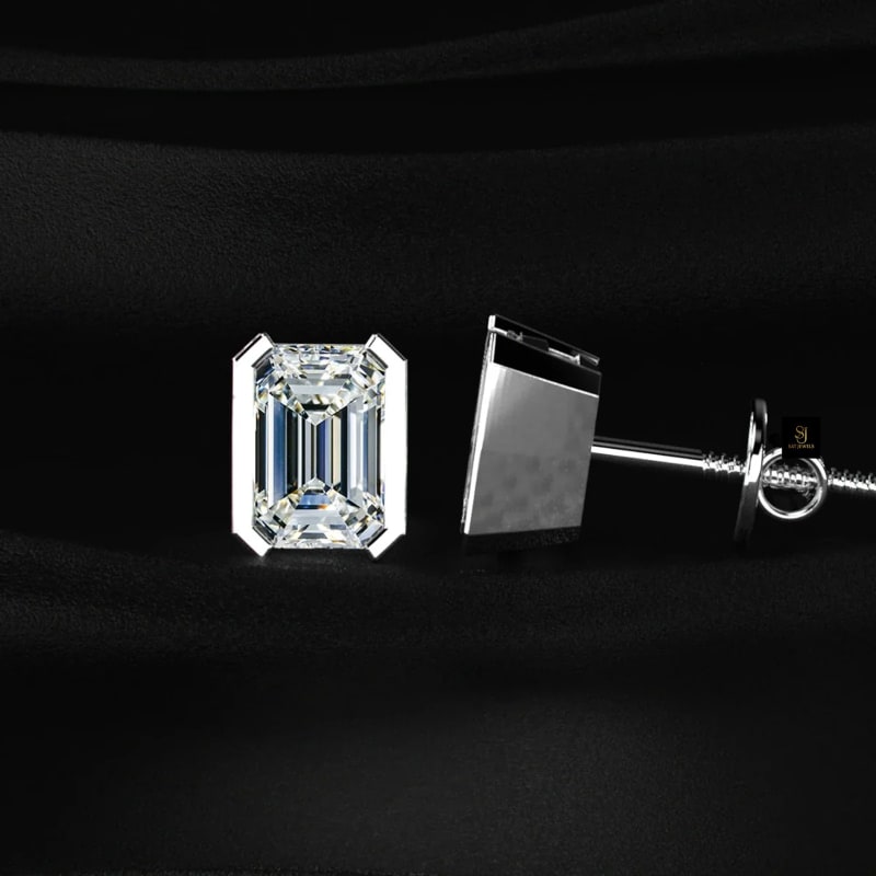 Emerald Cut Modern Half-Bezel Diamond Studs ST1088