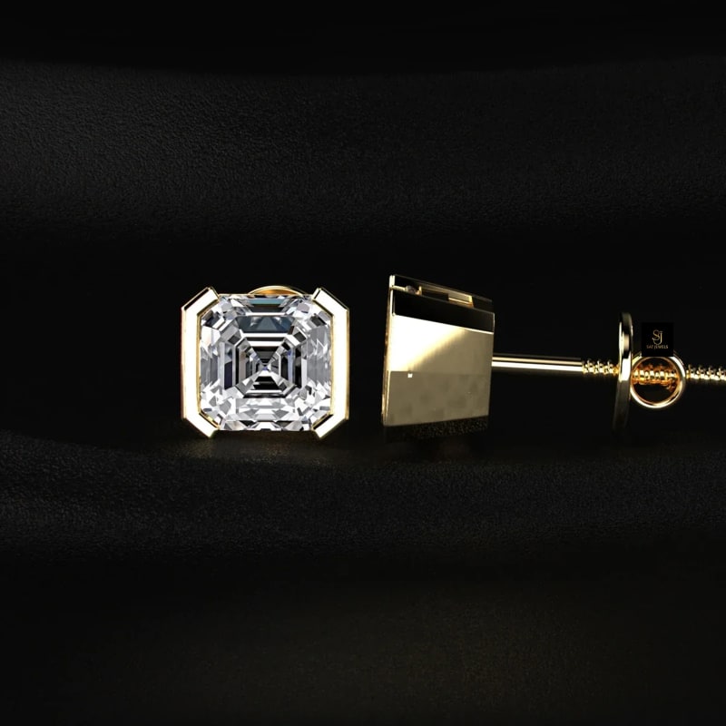 Asscher Cut Modern Half-Bezel Diamond Studs ST1089