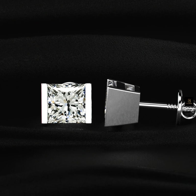 Princess Cut Modern Half-Bezel Diamond Studs ST1091