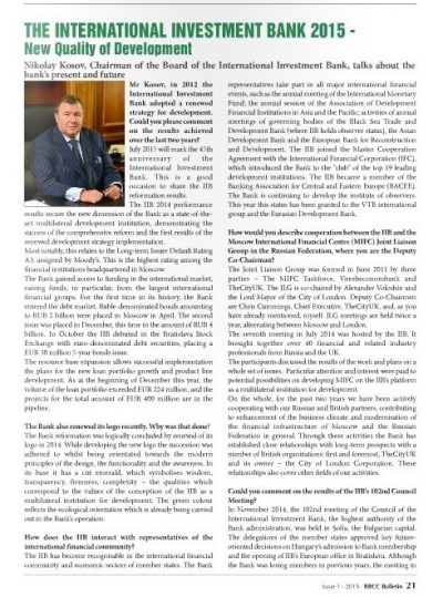 IIB’s Chairman of the Board Nikolay Kosov gives an interview to the RBCC Bulletin