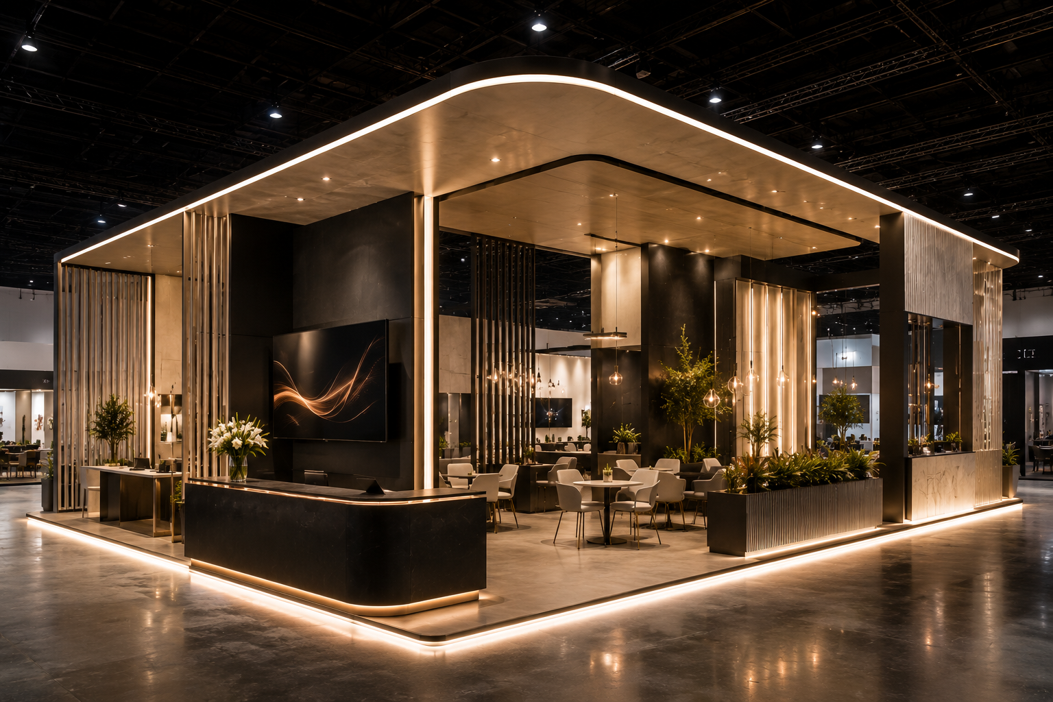 Luxury exhibition environment with warm lighting and elegant architectural stand design