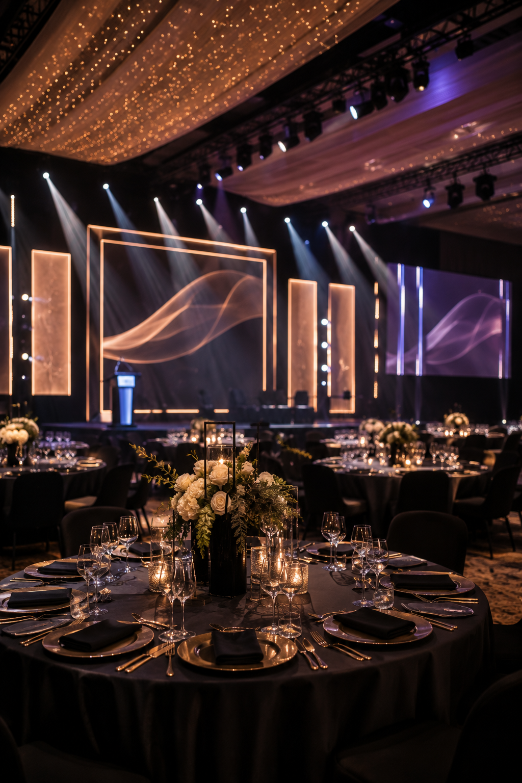 Luxury corporate gala ballroom with warm lighting, stage production, and elegant dinner tables