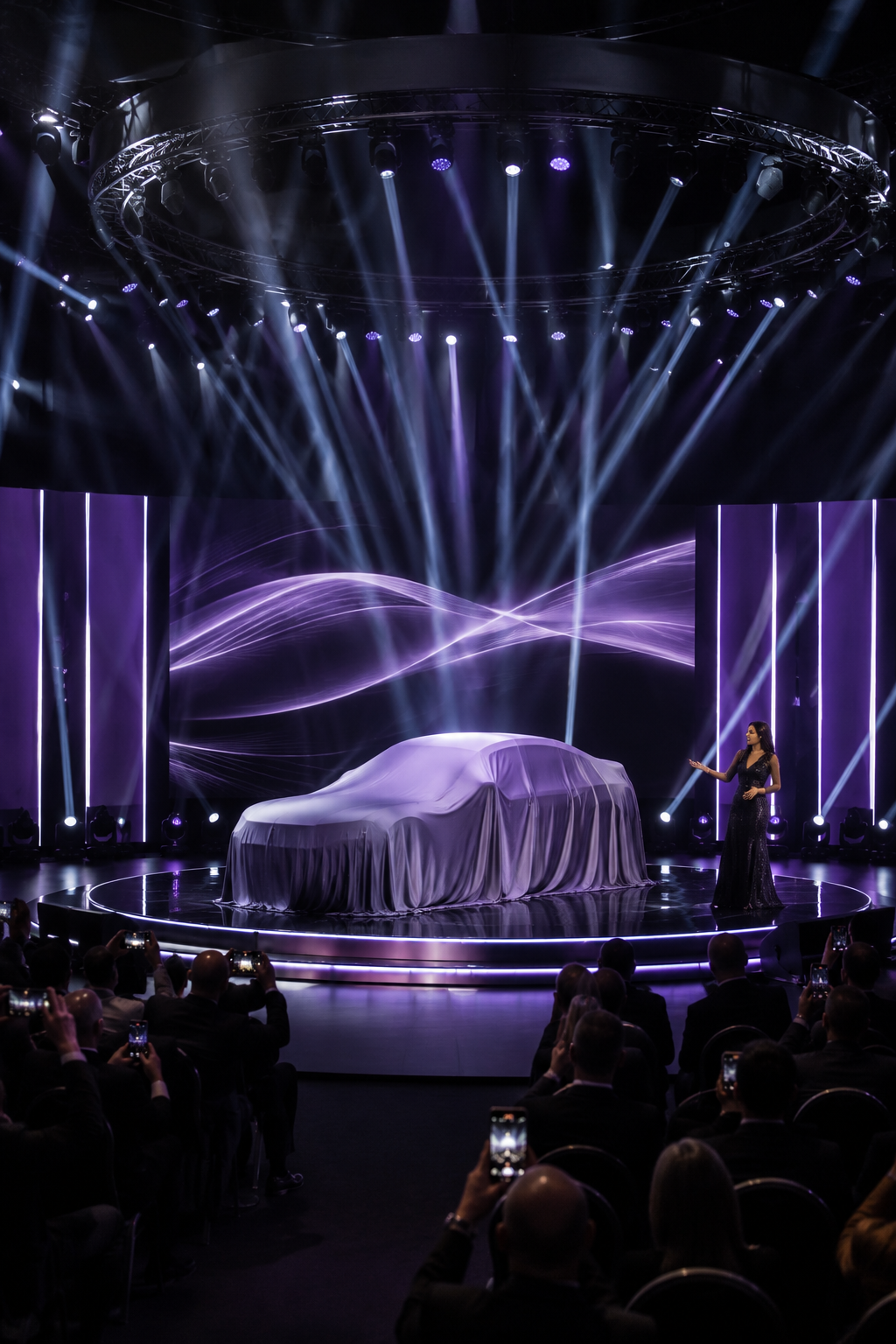 Cinematic product reveal staging with premium lighting and LED wall