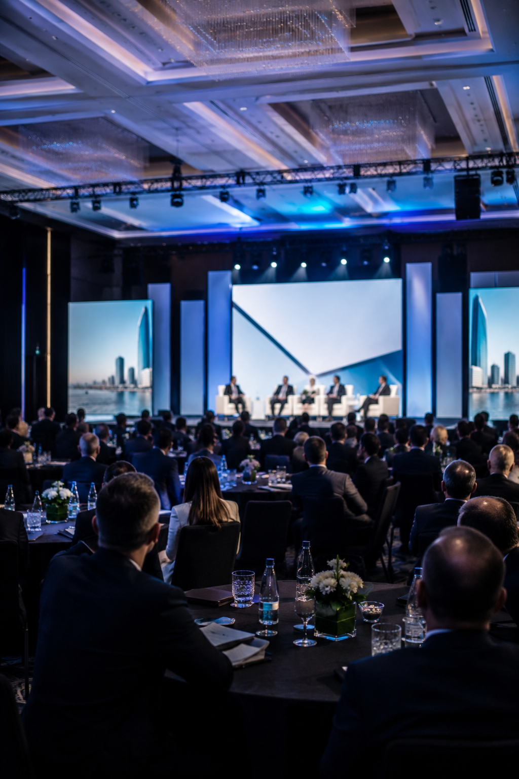 Premium corporate conference room with stage, blue LED screen, and theatre-style seating