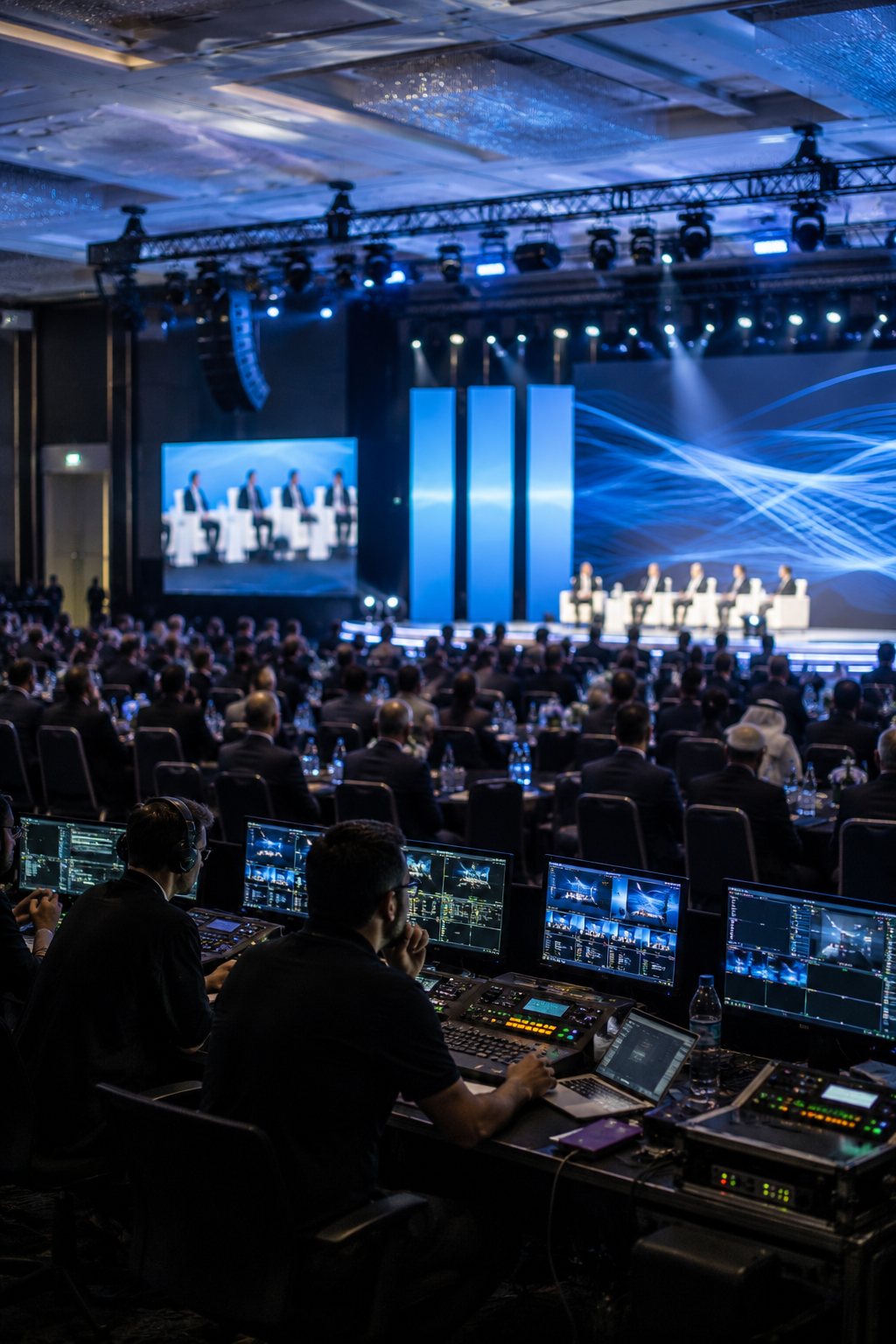 Premium event production setup with dramatic lighting and digital presentation screen