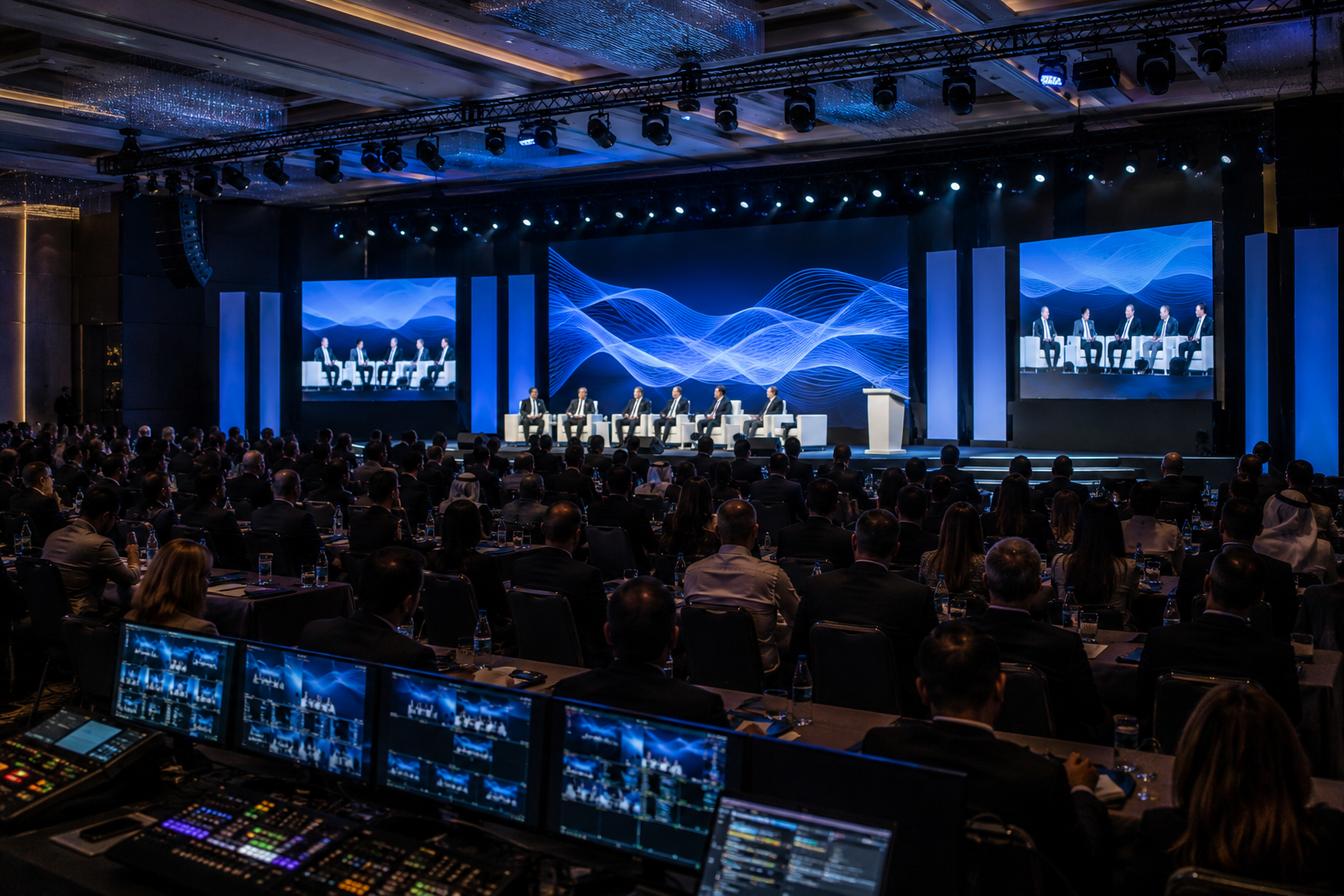 Premium corporate conference stage and seating with blue digital display