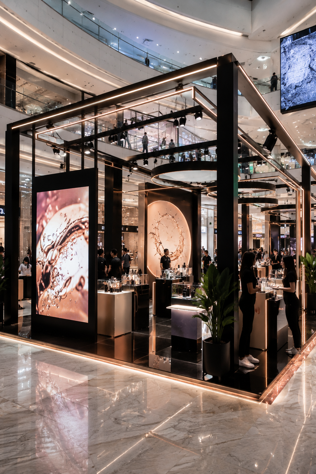 Premium brand activation environment with warm lighting, display zones, and interactive product areas
