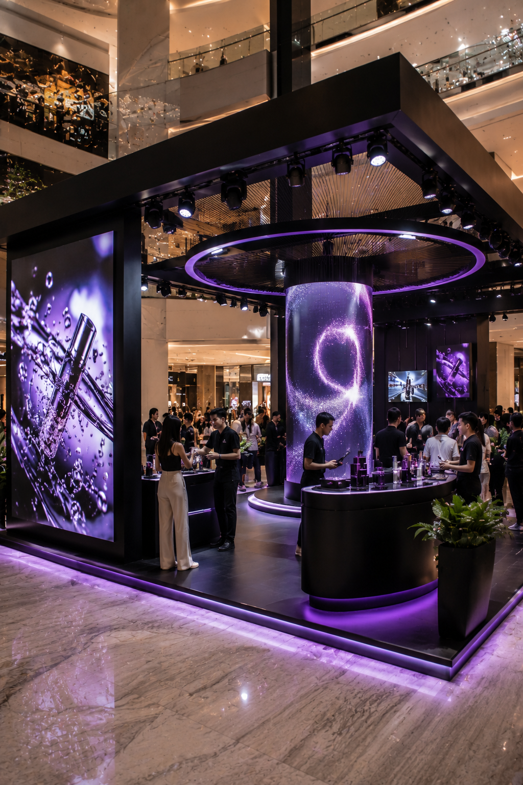 Luxury temporary brand environment with architectural display, lighting, and hospitality zone