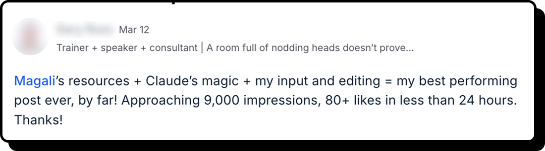 Member post: my best performing post ever, approaching 9,000 impressions and 80+ likes in less than 24 hours.