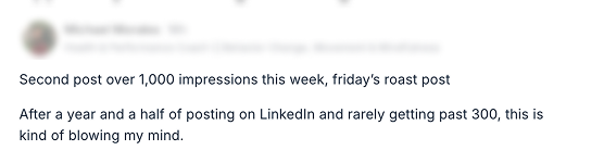 Member post: second post over 1,000 impressions this week, after a year and a half rarely getting past 300.
