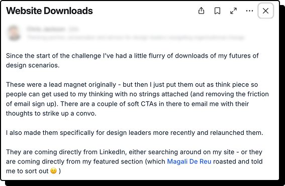 Member post: since the start of the challenge a flurry of downloads, coming from LinkedIn and the featured section Magali roasted.