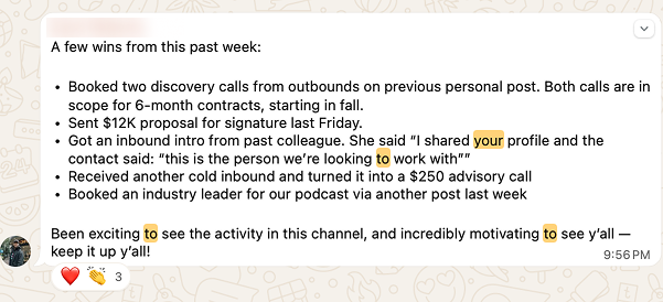 Member post listing a week of wins: two discovery calls from a personal post, a 12,000 dollar proposal sent, an inbound intro, and a podcast booking.