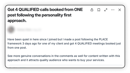 Client post: got 4 qualified calls booked from one post following the personality-first approach.