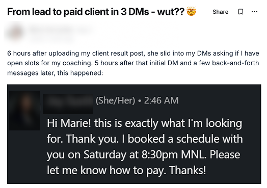 Member post: 6 hours after my client result post she asked if I had open slots, 5 hours later she booked and asked how to pay.