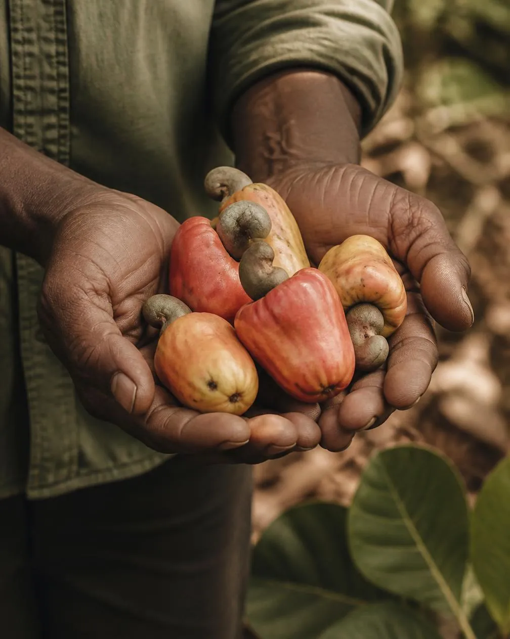 A farmer holding freshly harvested cashew apples