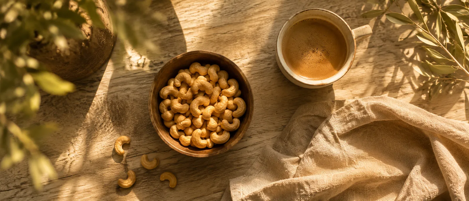 A bowl of cashews and coffee on a sunlit wooden table