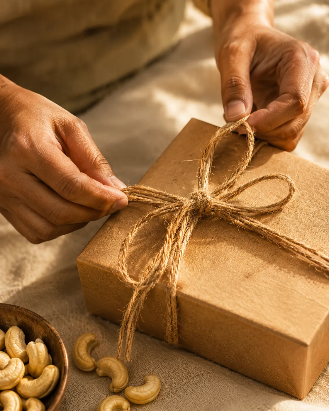 Close-up of premium cashew gift packaging detail