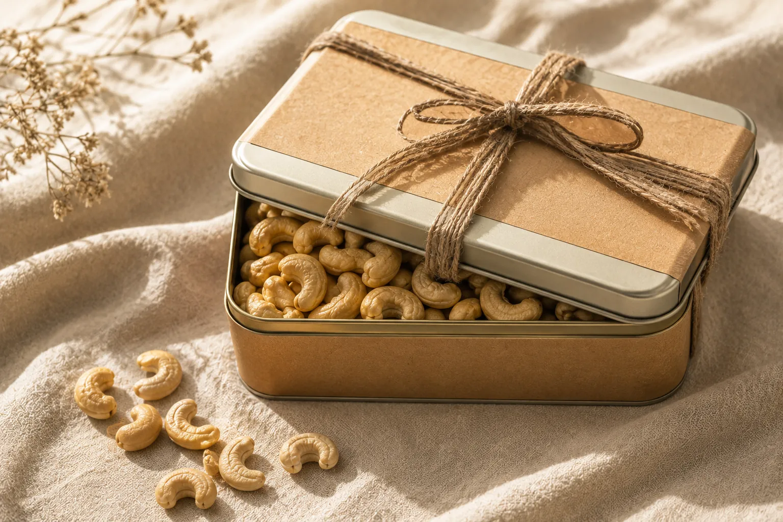 EarthOra luxury gift hamper box with cashews and festive ribbon