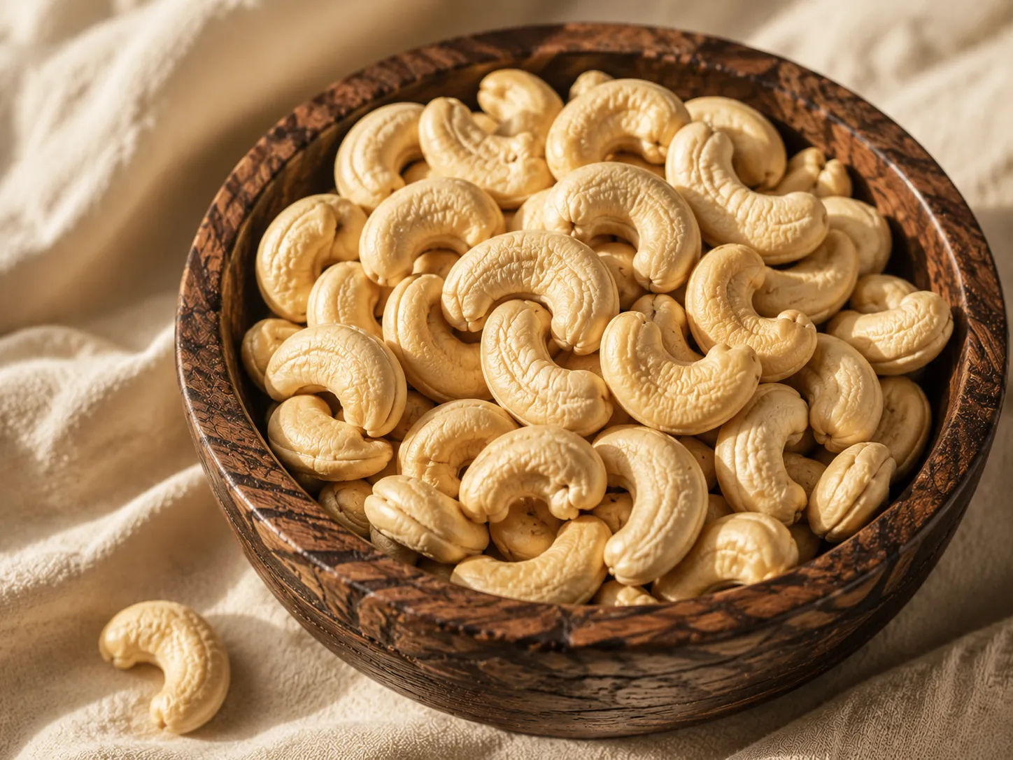 A wooden bowl piled with premium whole cashew kernels