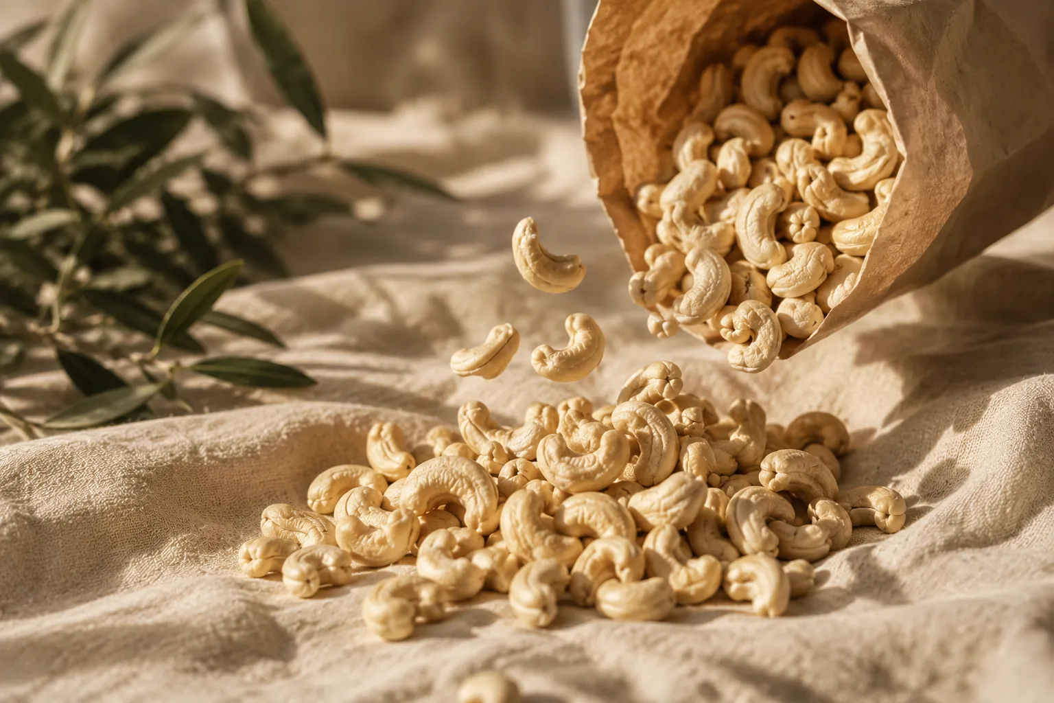 Whole cashew kernels spilling from a kraft pouch onto warm linen