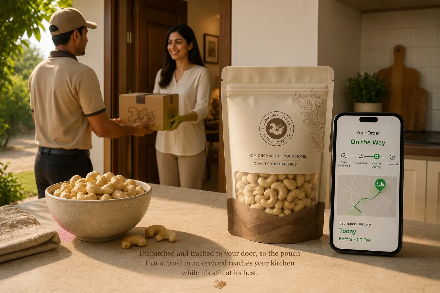 A resealable pouch of premium cashews ready for delivery