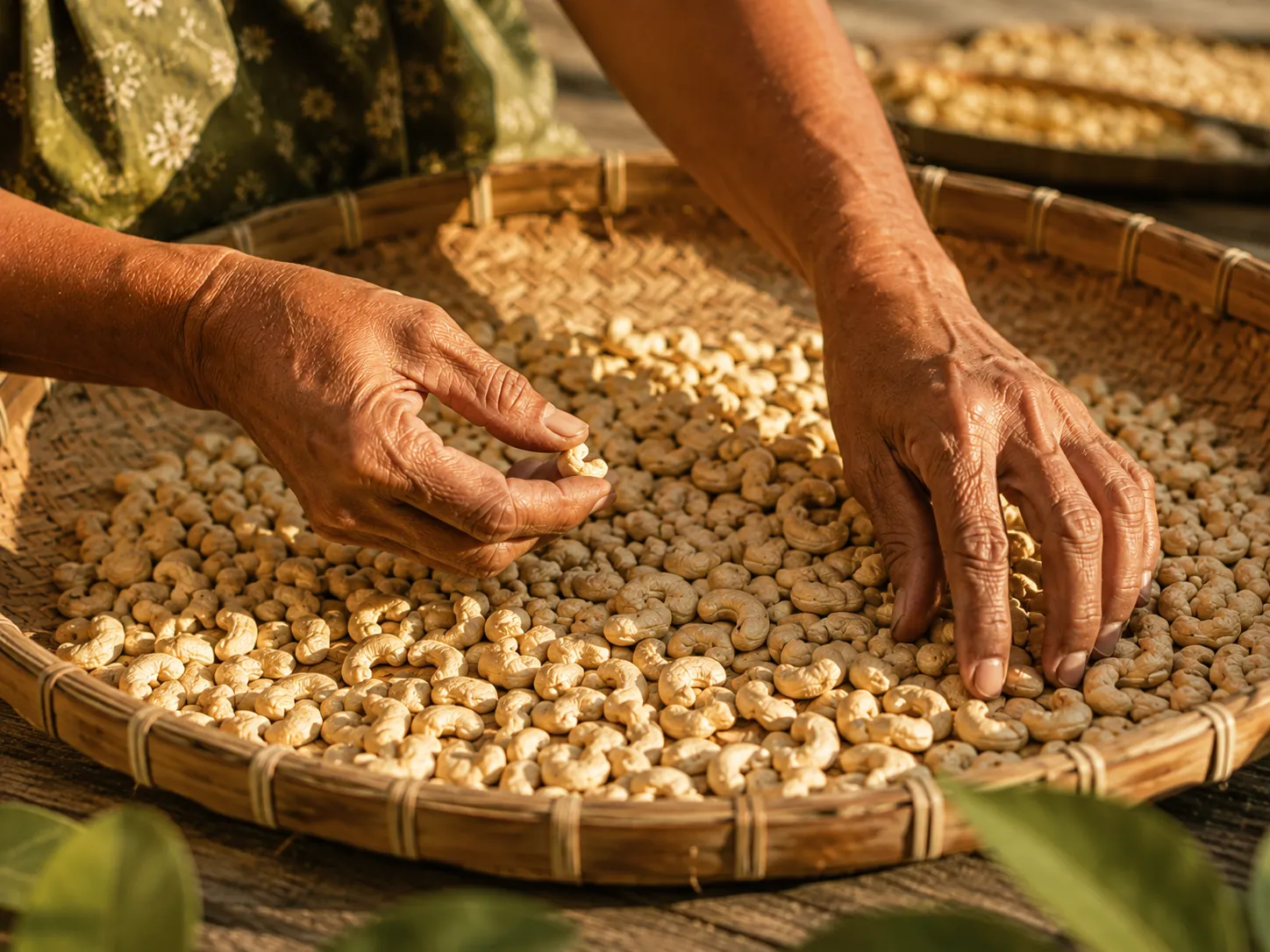 Hands sorting raw cashews in a woven basket