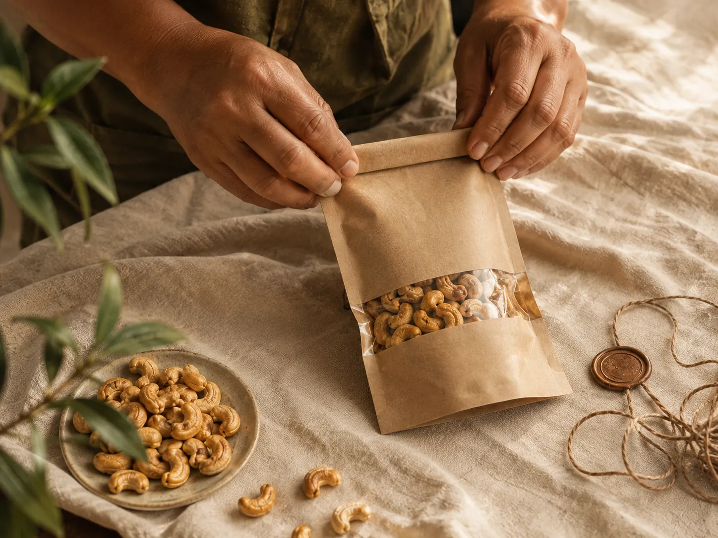 Hands sealing a kraft pouch of graded cashews