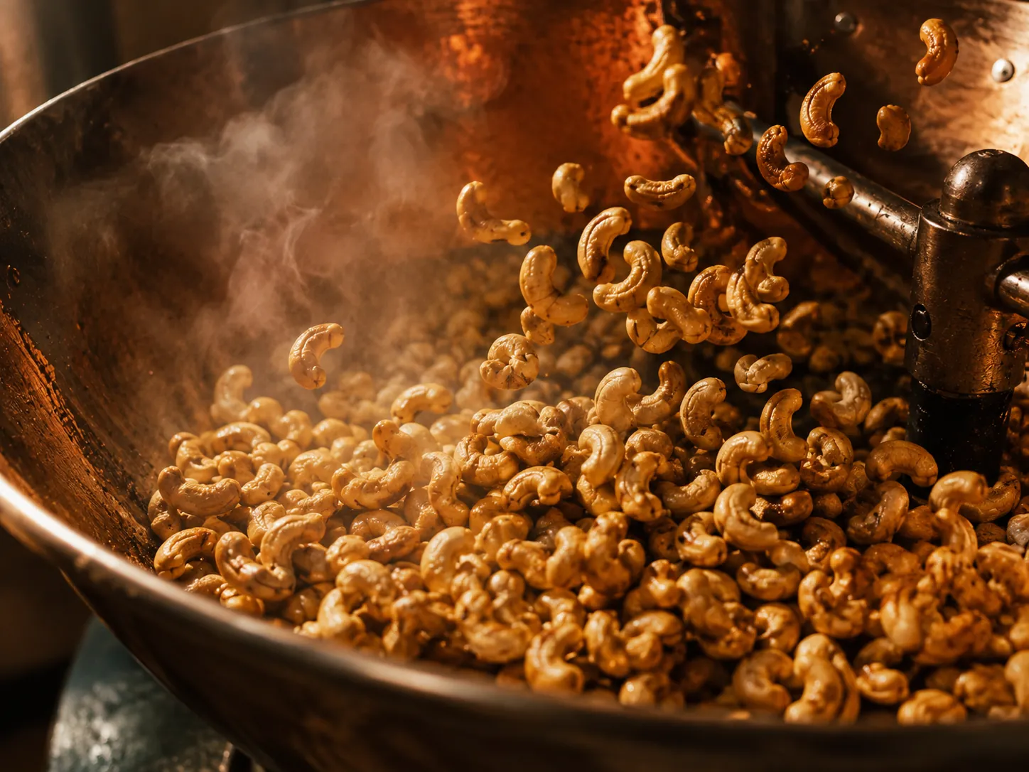 Batch of cashews roasting over golden fire