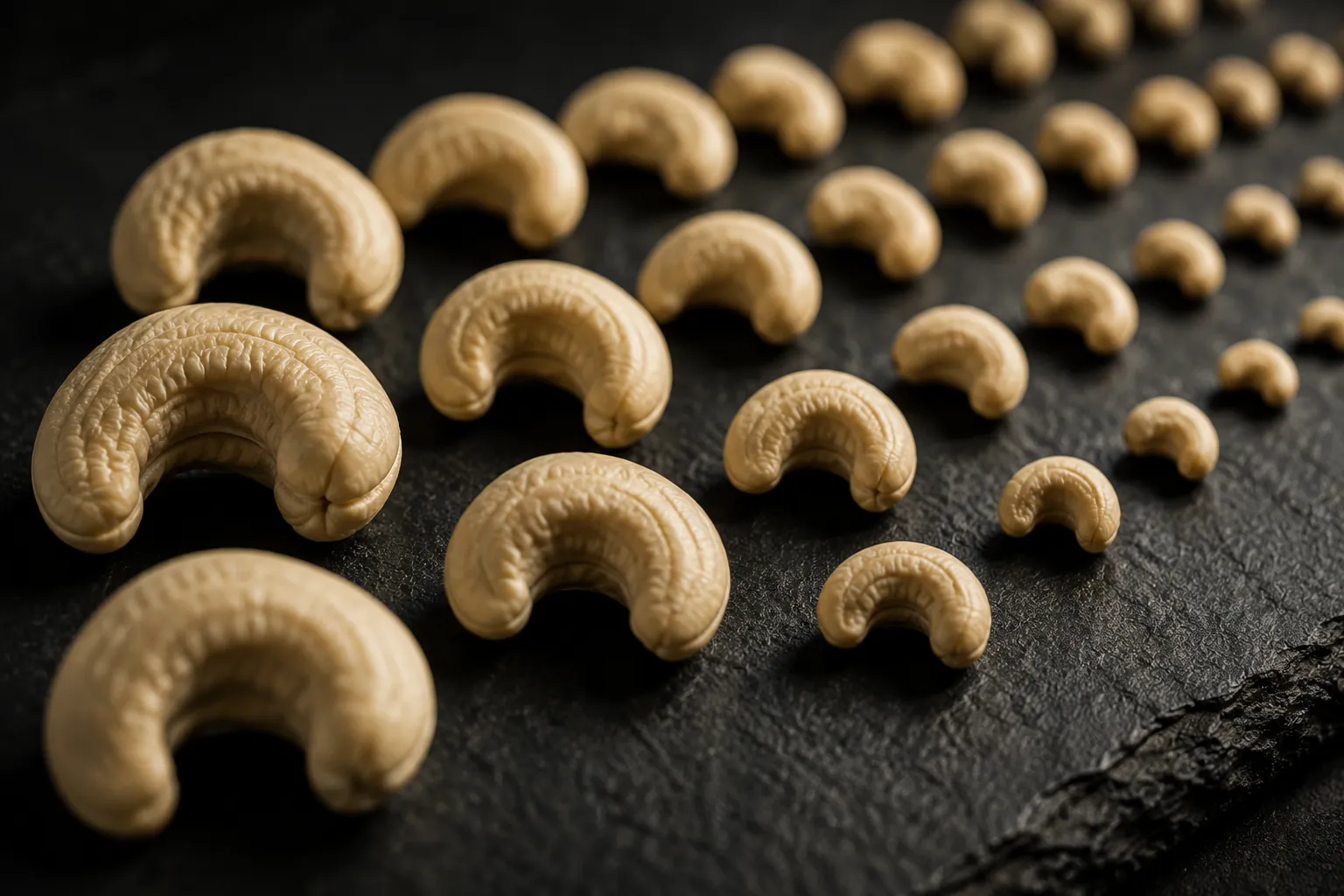 Graded cashew kernels arranged closely by size