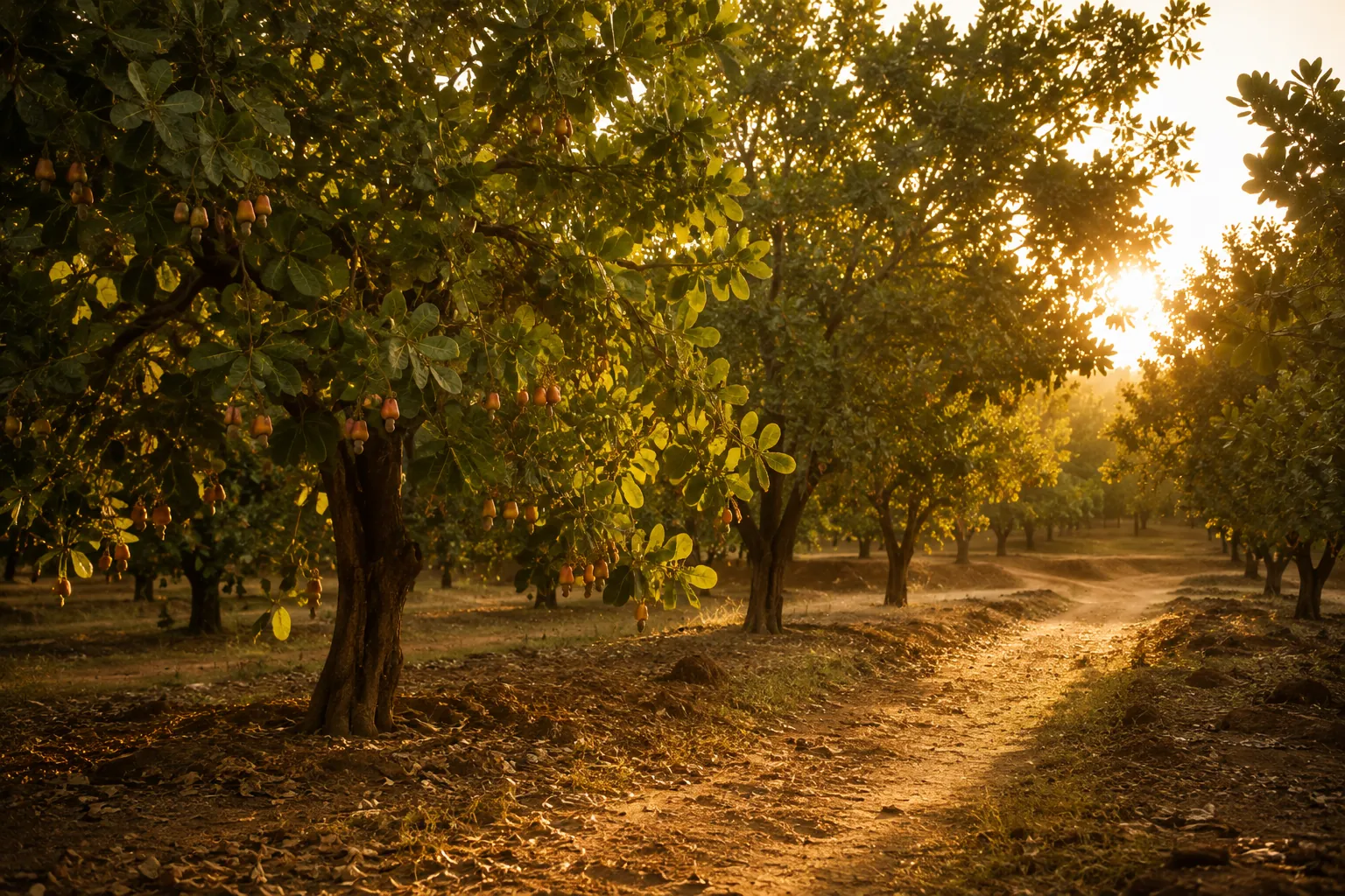 Golden-hour light through a single-estate cashew orchard