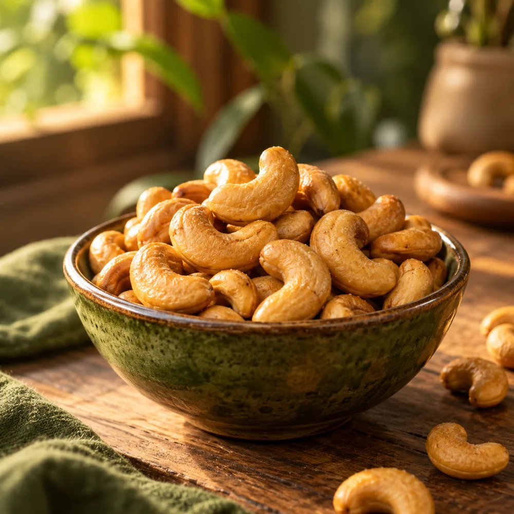Bowl of golden roasted cashews on a rustic wooden table