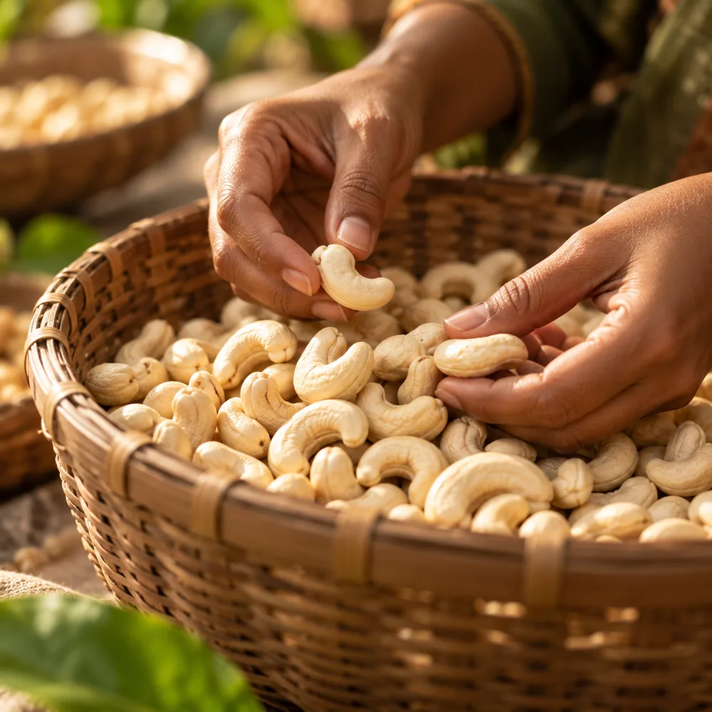 Hands carefully sorting raw cashews in a woven basket