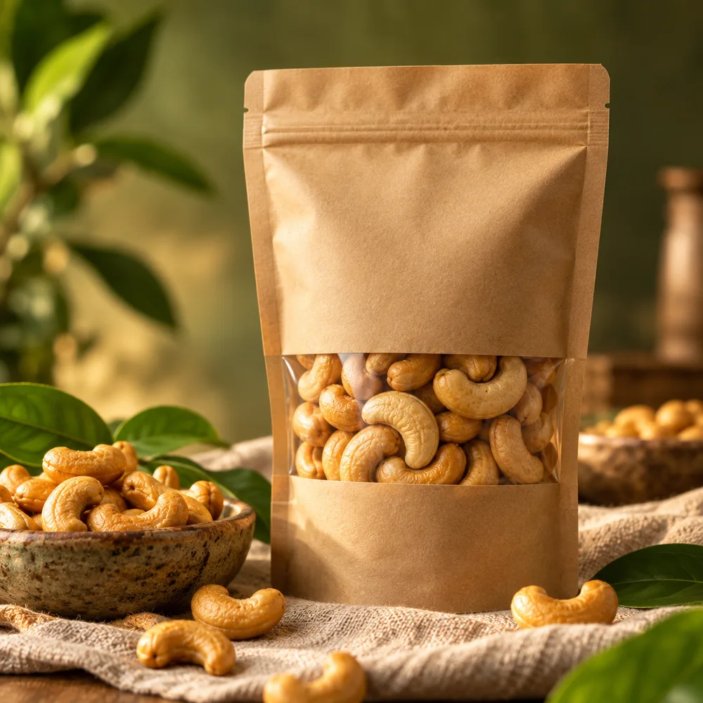 Kraft-paper pouch filled with premium cashews