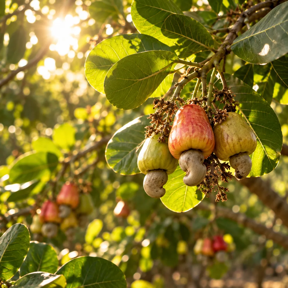 Cashew fruit ripening on the tree in golden coastal sunlight