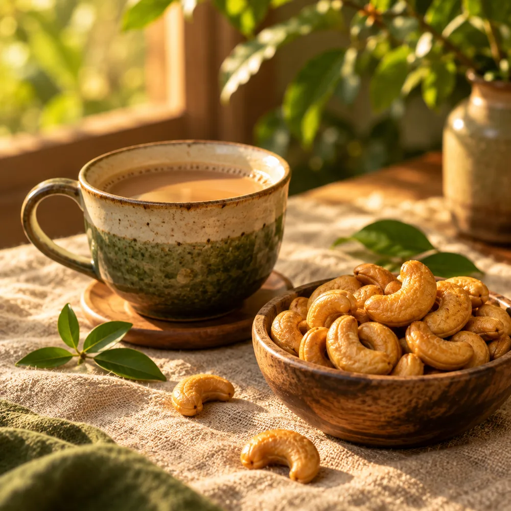 Bowl of cashews served alongside a steaming cup of tea