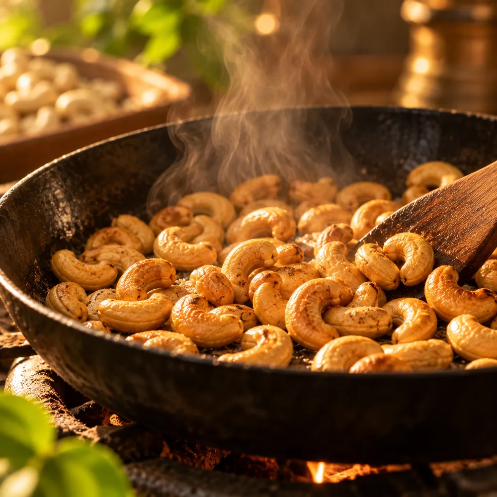 Cashews roasting in a pan over warm gentle flame