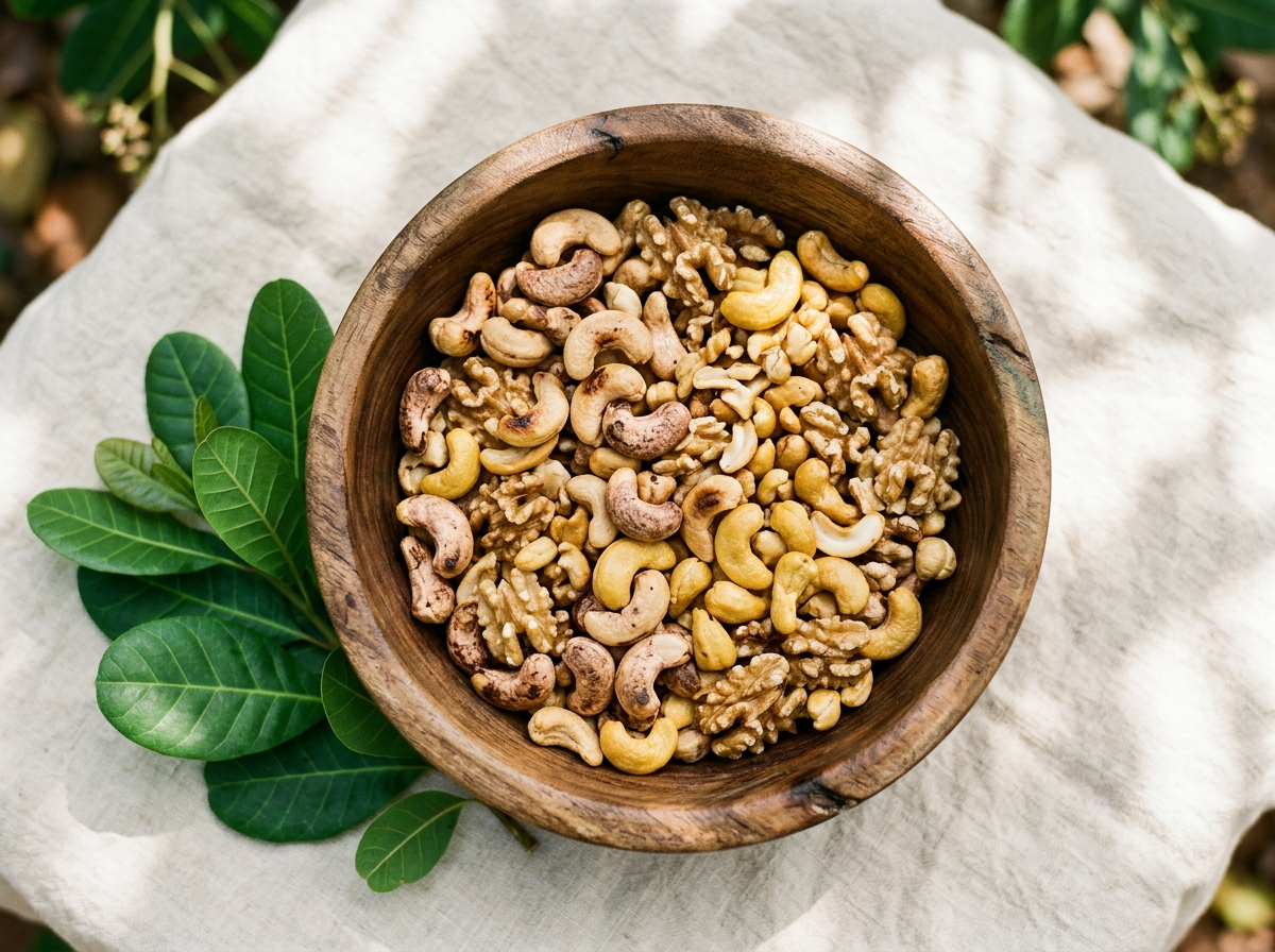 Rustic artisan wooden bowl filled with premium whole cashews and orchard leaves