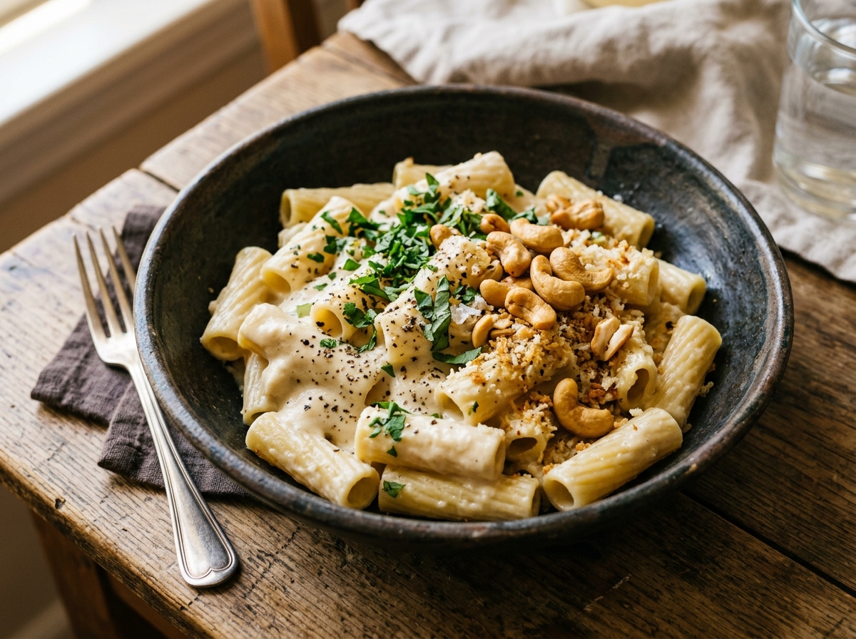 Artisan bowl of creamy cashew garlic rigatoni pasta garnished with toasted cashews and herbs