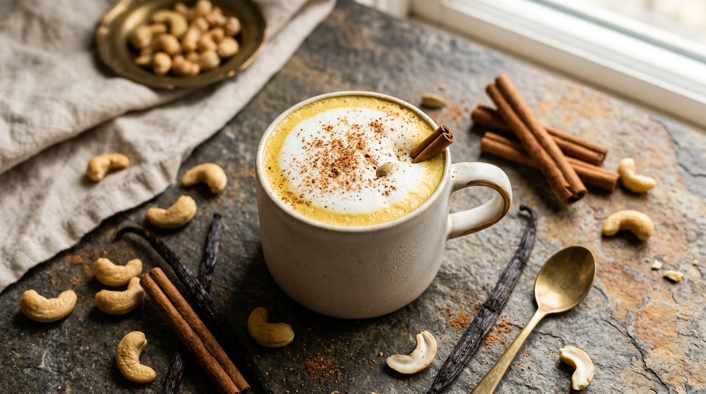 Frosted ceramic mug with golden turmeric cashew milk latte topped with foam and cinnamon sticks
