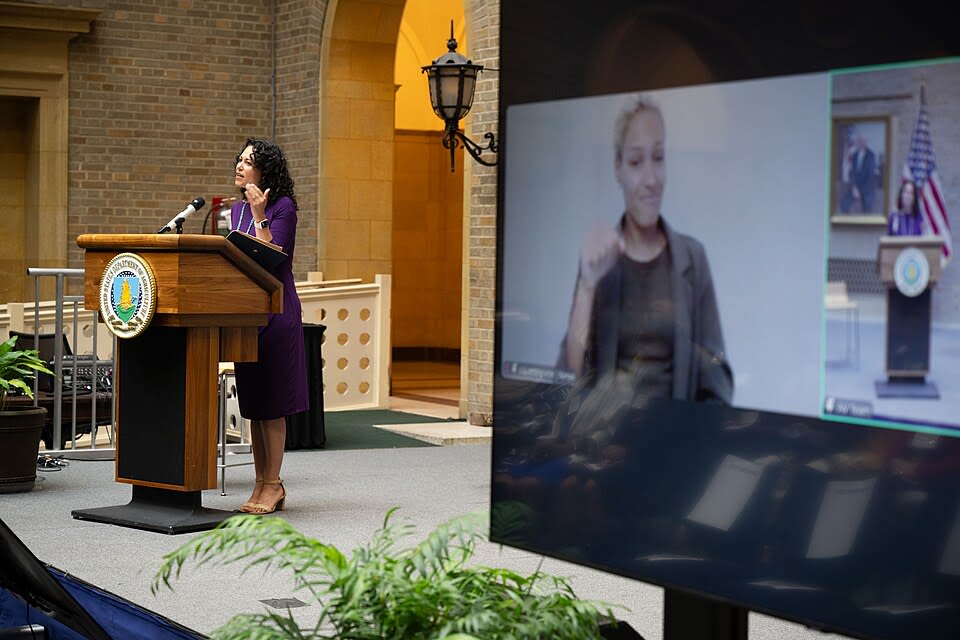 USDA Deputy Secretary Xochitl Torres Small speaks at an International Year of the Woman Farmer launch event in Washington in 2024.