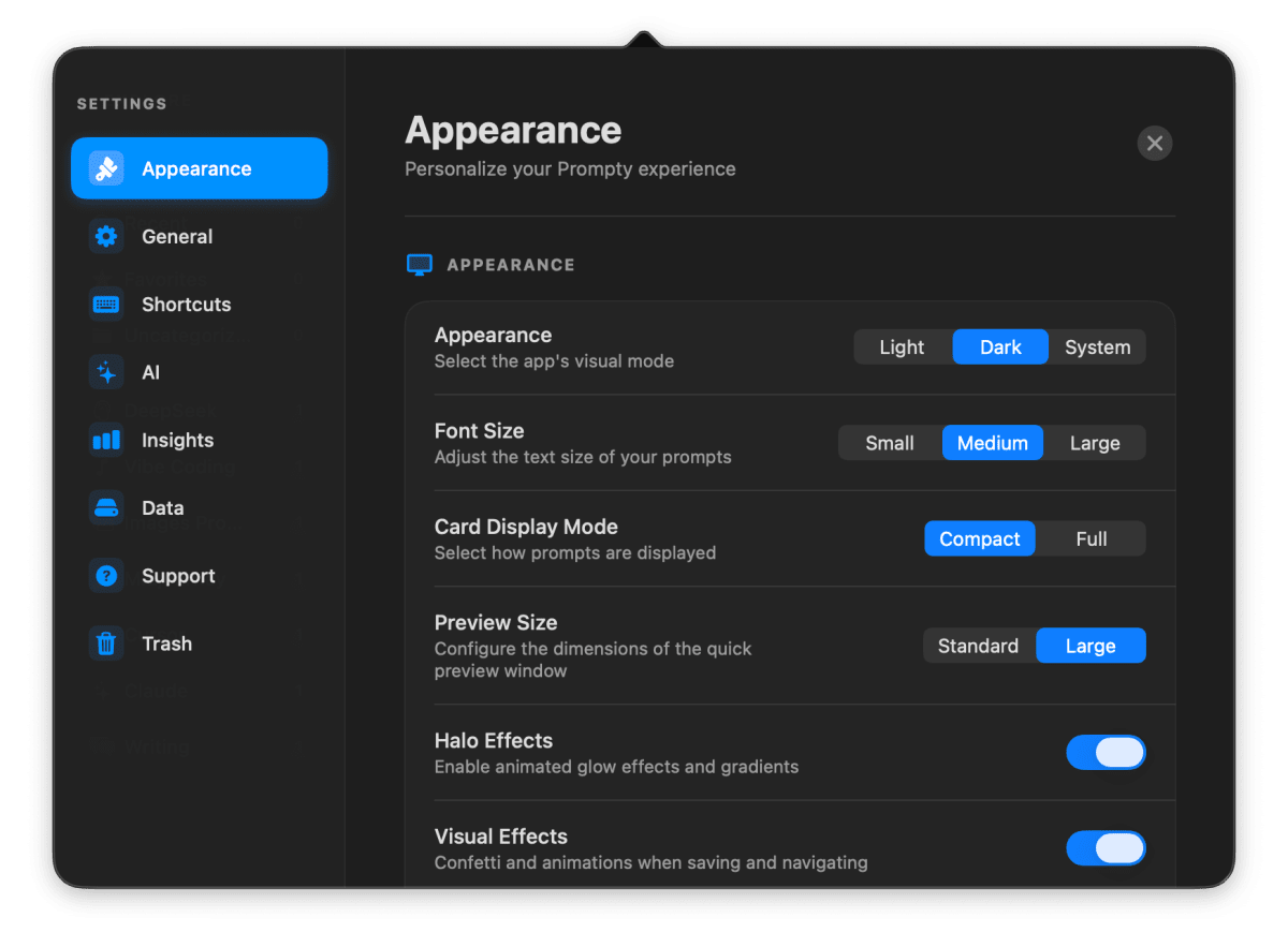 Prompty - AI API keys settings window