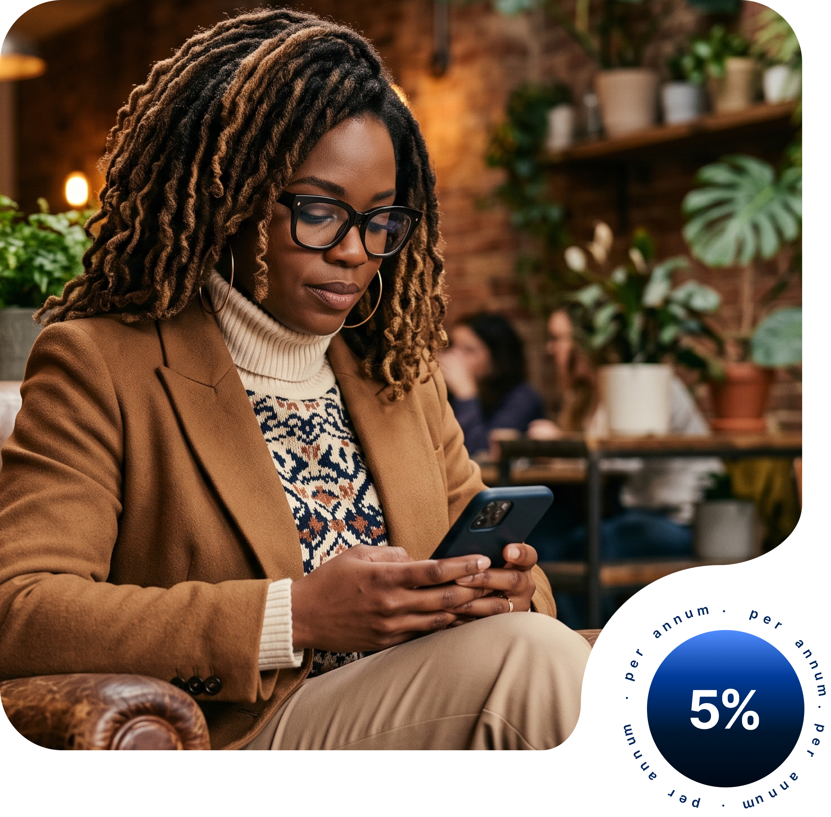Woman looking at phone while saving