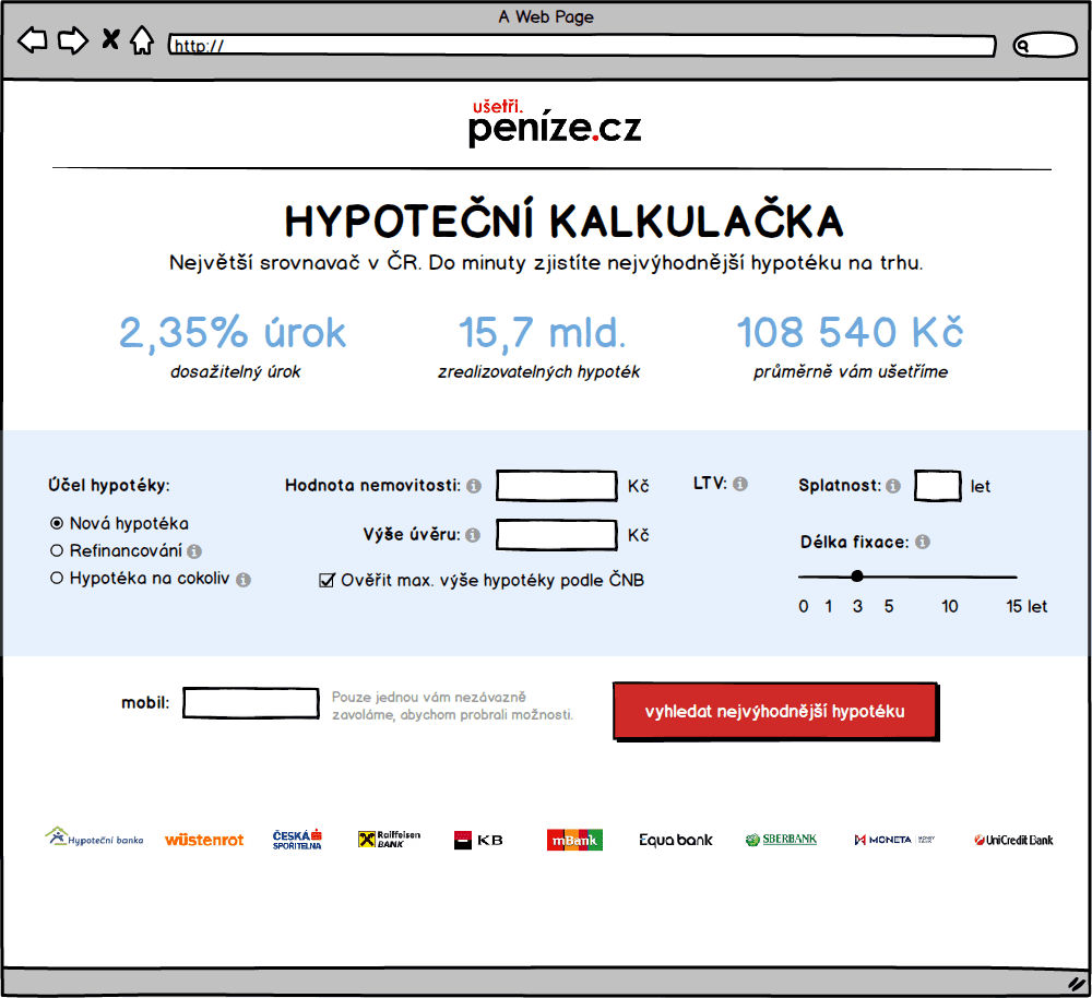 Wireframe s kompaktní kalkulačou a pouze telefonem