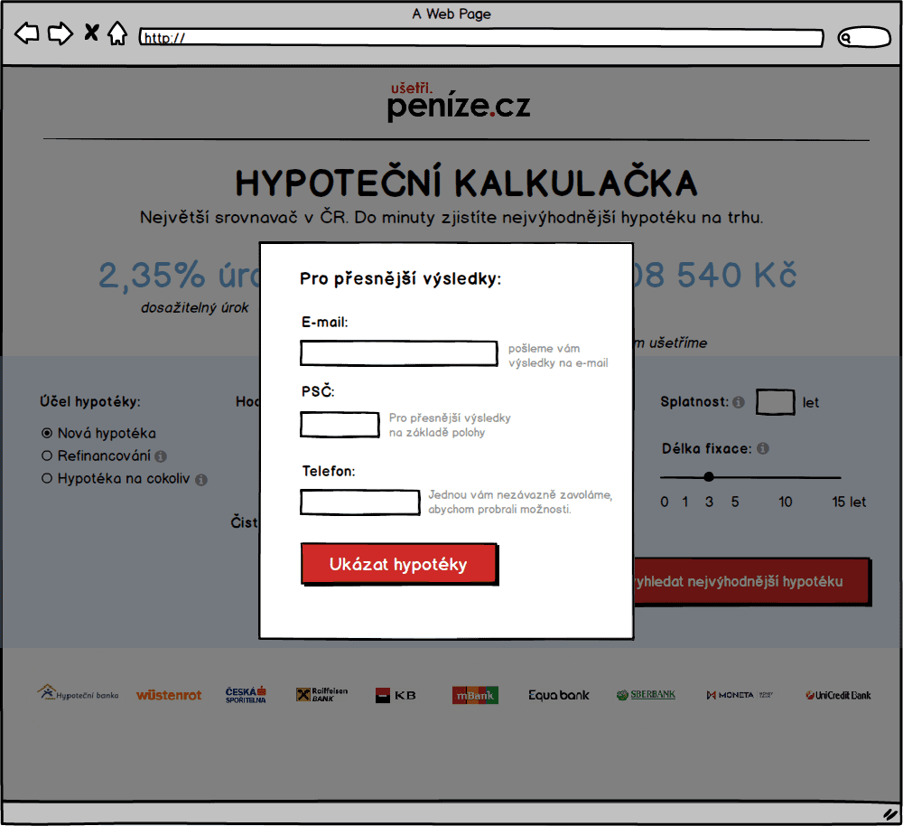 Wireframe s popupem