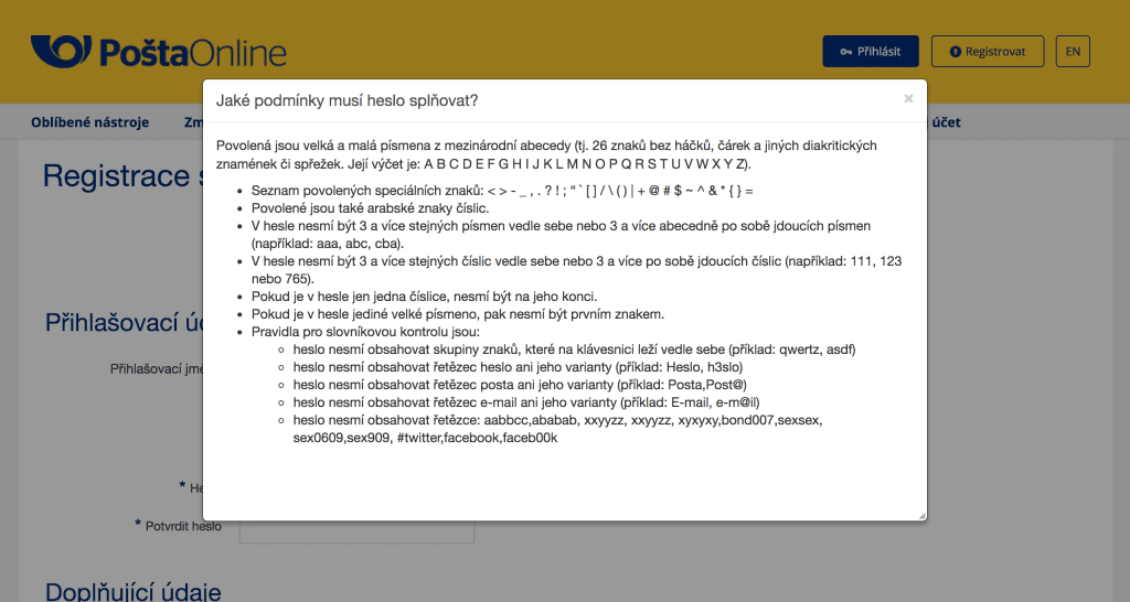 Požadavky na heslo česká pošta