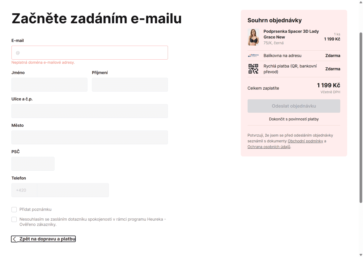 Astratex přístupnost zadání adresy v objednávce.