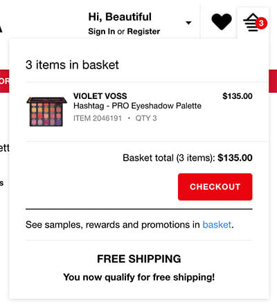 Sephora dropdown košík