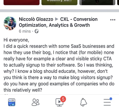 Spodní menu ve facebook aplikaci