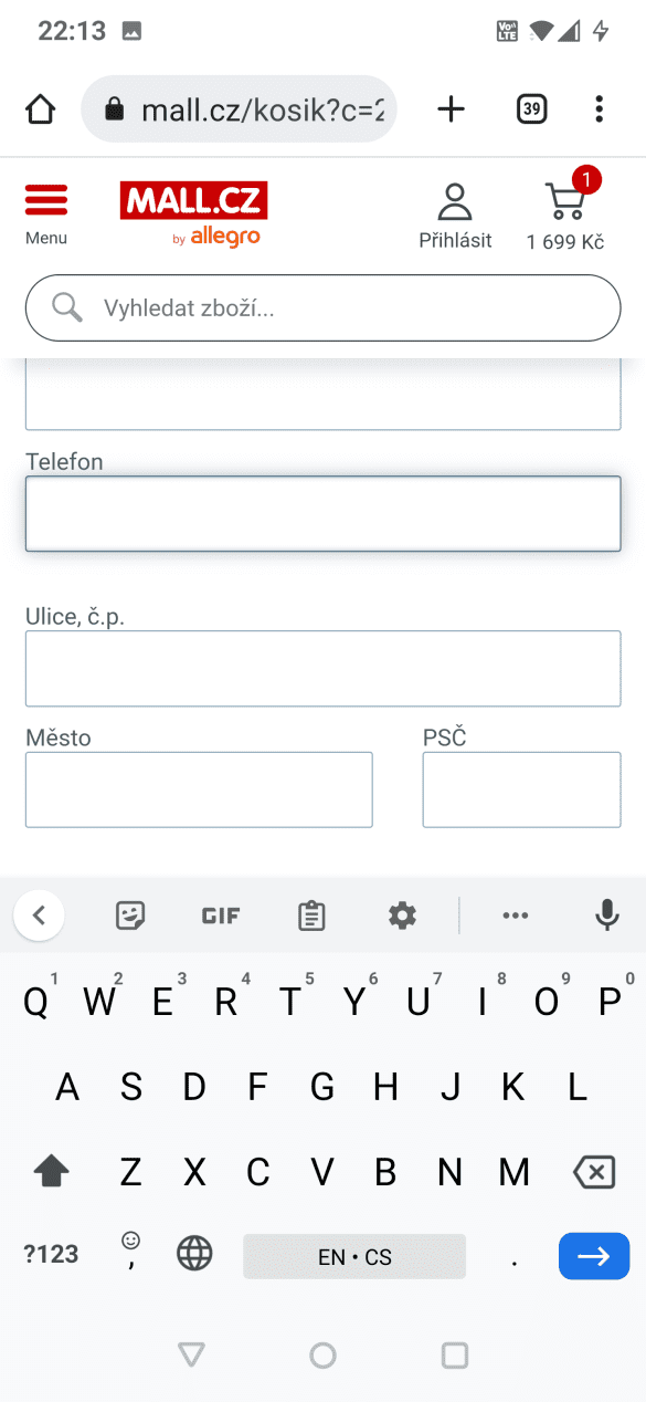 Špatná klávesnice při zadávání telefonu a psč u mall.cz
