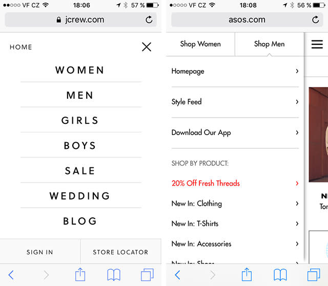 Jcrew a asos navigace